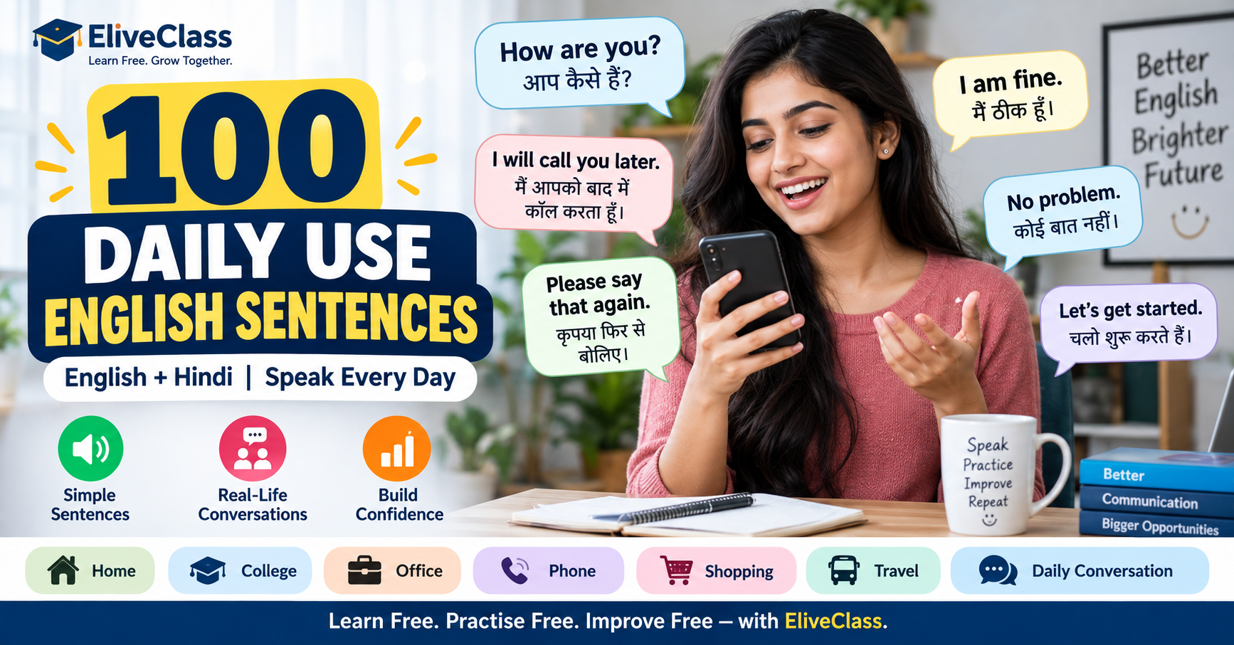 You are currently viewing 100 Daily Use English Sentences with Hindi Meaning for Everyday Conversation.