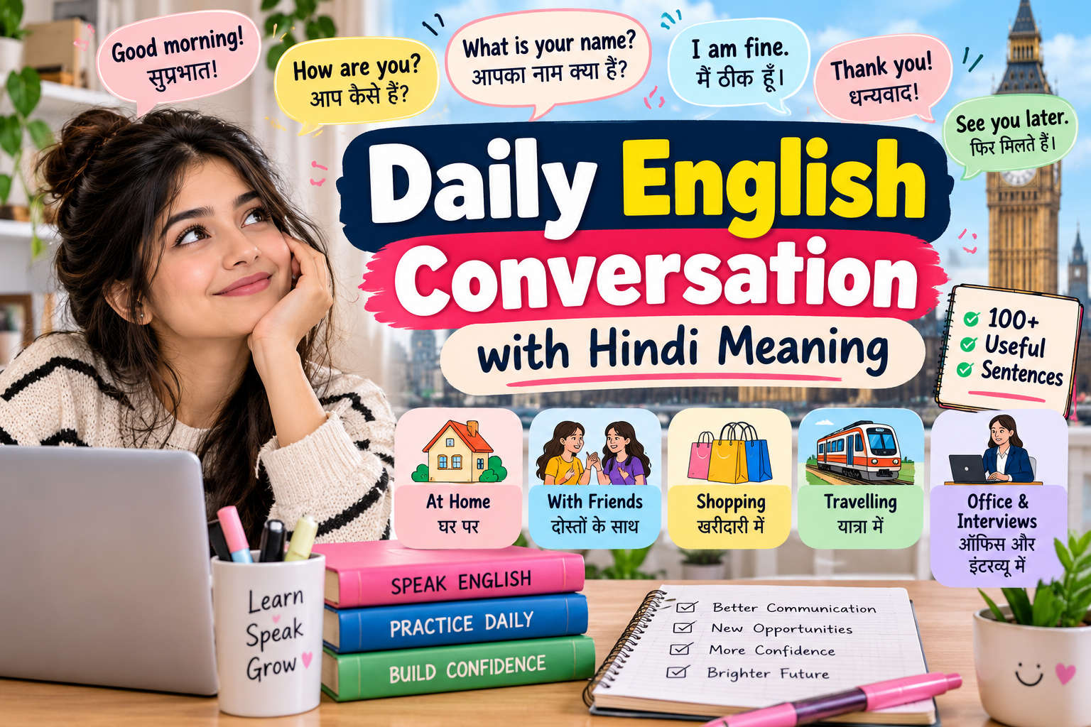 Read more about the article Daily English Conversation with Hindi Meaning: 100+ Sentences for Everyday Use